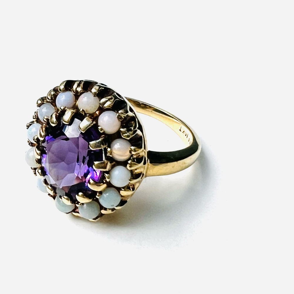 Vintage Amethyst and Seed Opal 10k Gold Ring Size 5.5/6 Estate Hallmarked - Picture 8 of 16